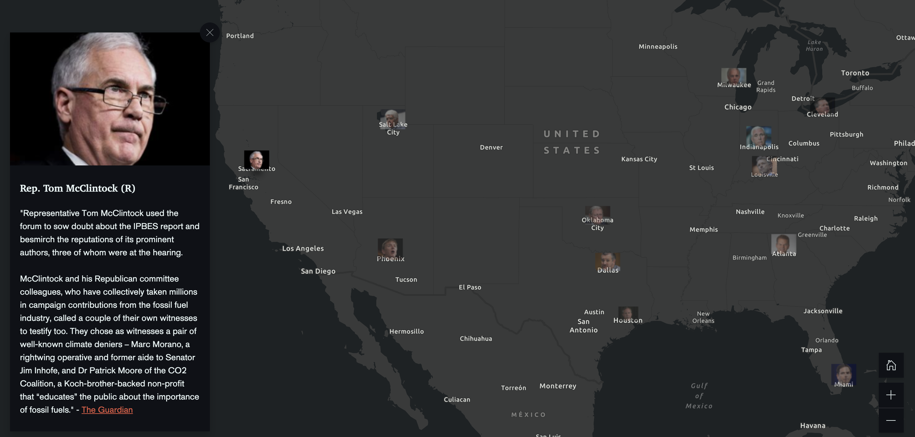 The StoryMaps shows the elected official for every congressional district and state. Some of the more extreme climate deniers like Rob Bishop (Utah), Paul Gosar (Arizona) and Tom McClintock (CA) and their public statements are highlighted.