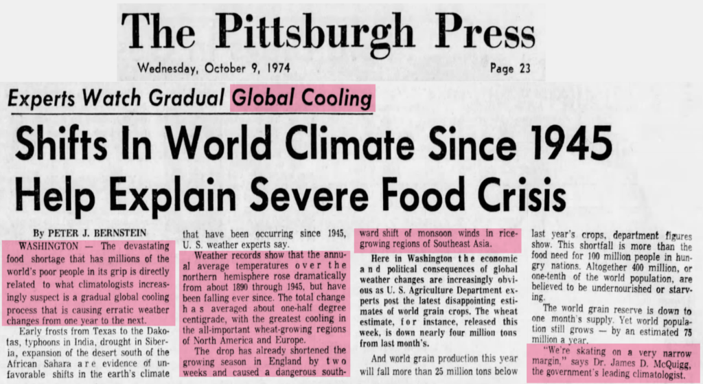 Flashback 1974: U.S. Governmentâ€™s Top Climatologist Said â€˜Global Coolingâ€™ Threatened Us With â€˜Severe Food Crisisâ€™