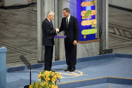 Obama receives Nobel Peace Prize in Oslo, Norway, 2009, by Thorbjørn Jagland, Chariman of the Norwegian Nobel Committee.