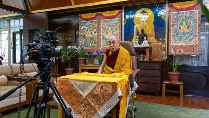 His Holiness gives his first public teaching in four months and his first without an audience present. Photo by Ven Tenzin Jamphel. From dalailama.com