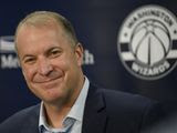 Washington Wizards general manager Tommy Sheppard smiles at an NBA basketball press conference, Thursday, Sept. 26, 2019, in Washington. (AP Photo/Nick Wass)