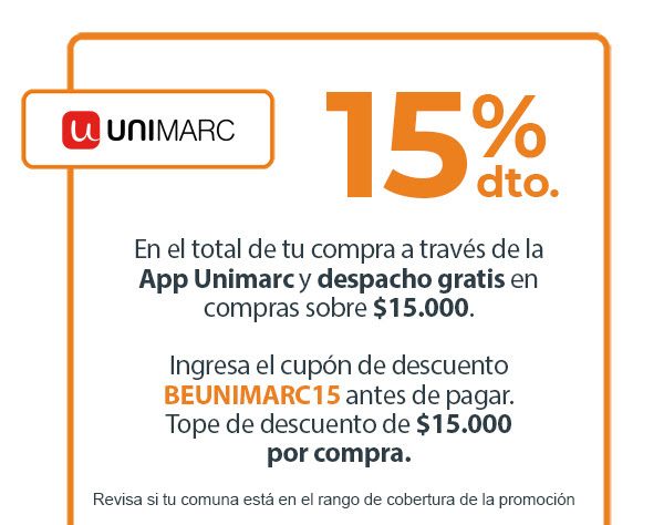15% descuento en el total de tu compra a través de la App Unimarc y despacho gratis en compras sobre los $15.000