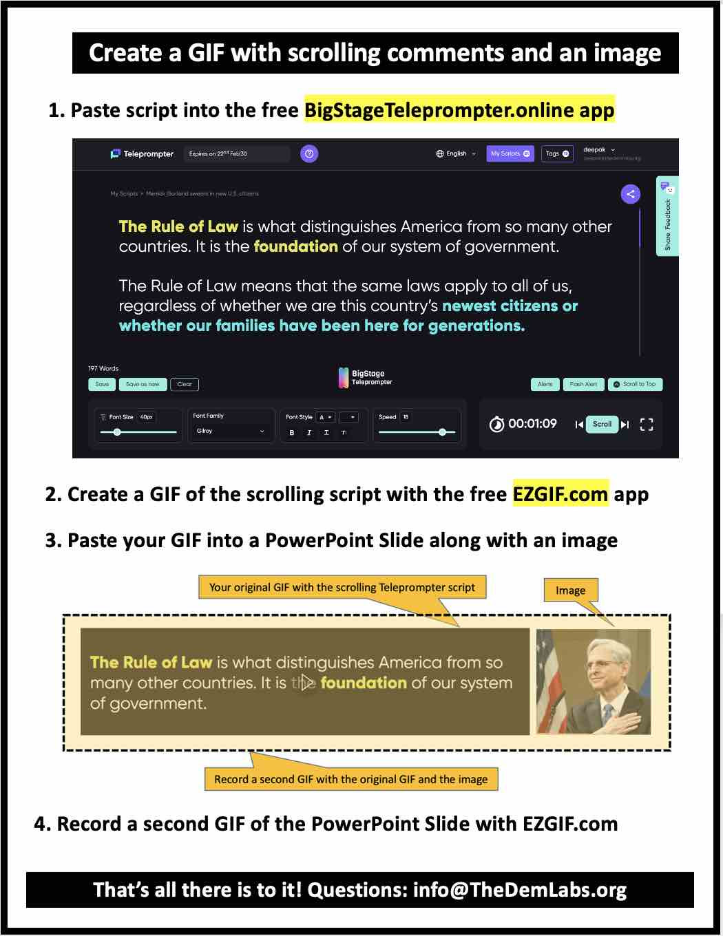How to create a GIF with a scrolling script and a photo using the free BigStageTeleprompter and EZGIF apps