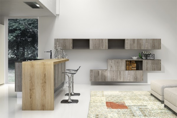 Mix and match wood tones can give a cool effect, as can irregularly hung modular wall cabinets.