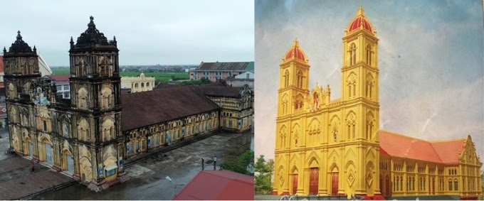 Nhà thờ Bùi Chu cũ (trái) và phối cảnh nhà thờ Bùi Chu mới. Ảnh: Giang Huy