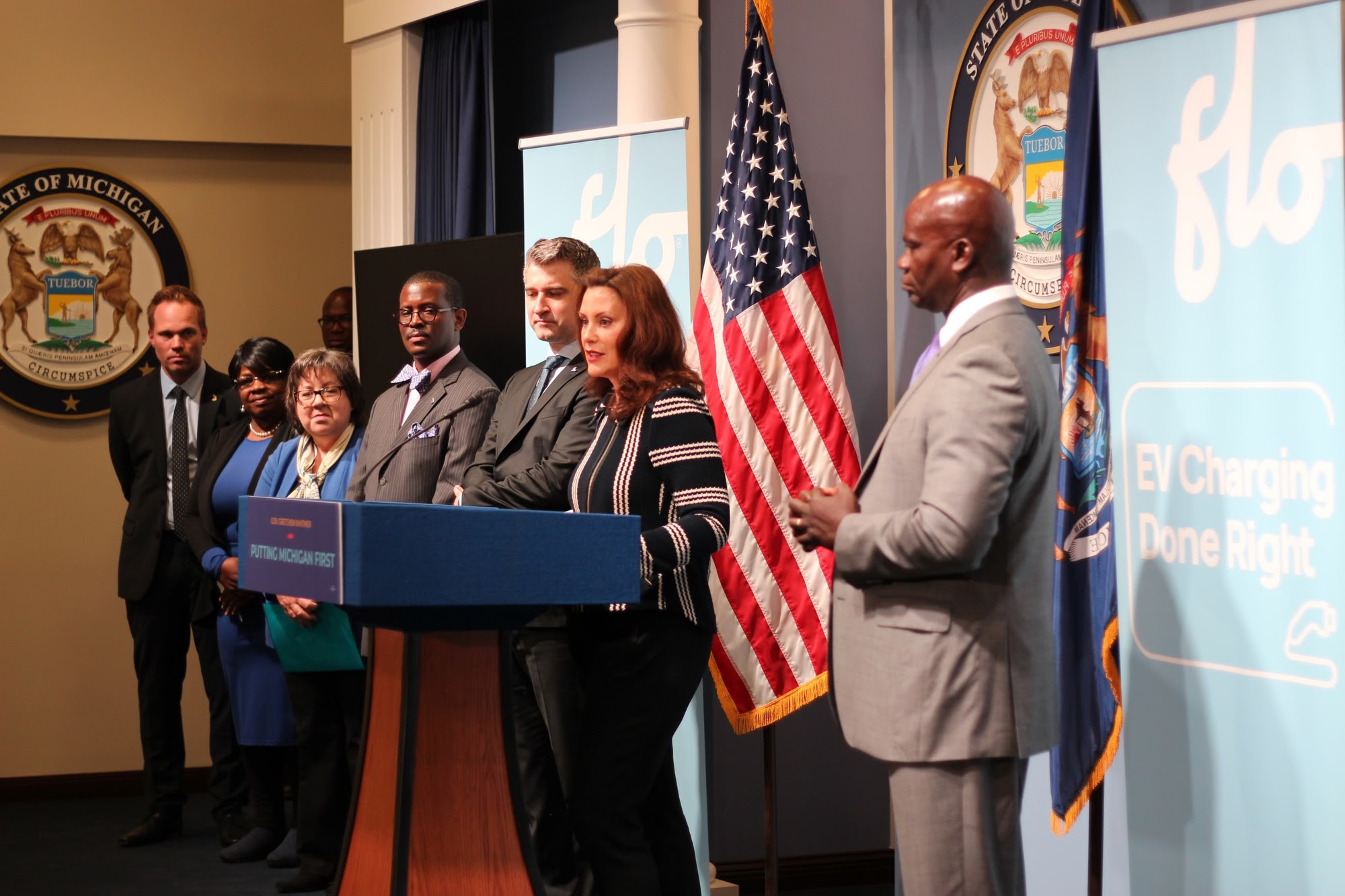 Gov. Whitmer speaks at podium during FLO event 