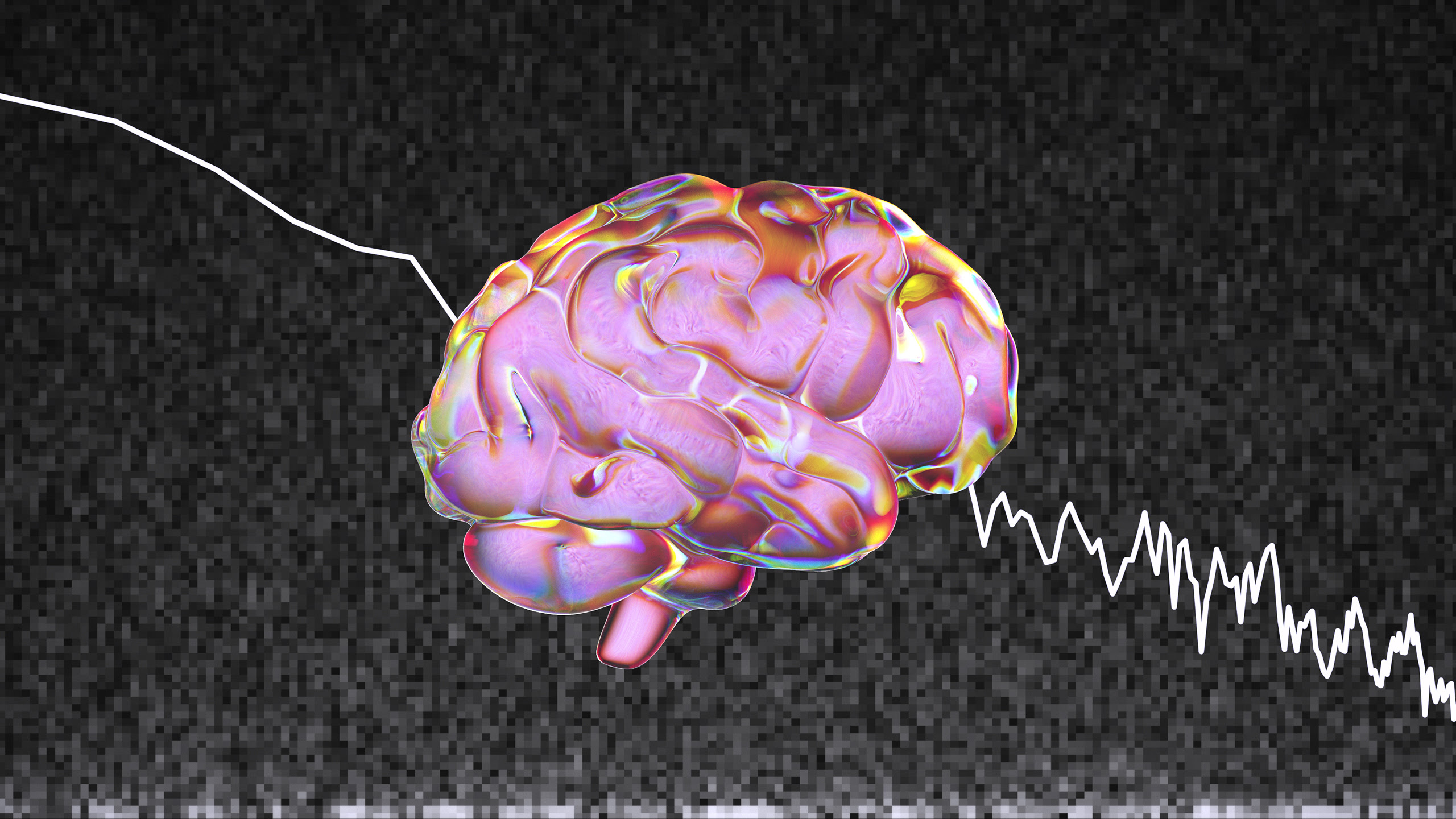 An illustration of a human brain against “pink noise” static.