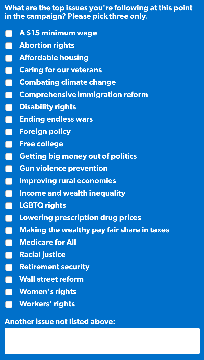 What are the top issues you're following at this point in the campaign? Please pick three only.