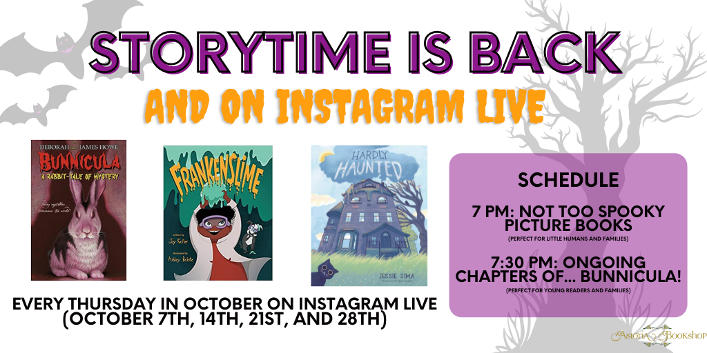 Photos of 3 books to read during story time: bunnicula, frankenslime, and barely haunted.  Event details as shown below. 