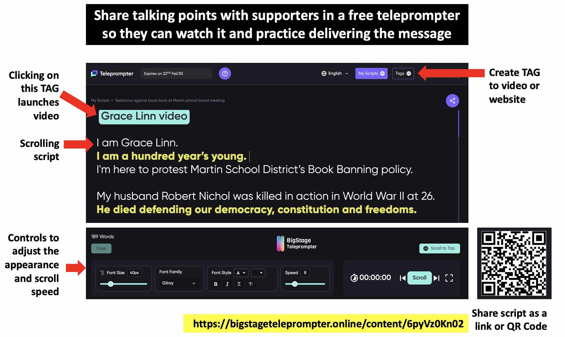 Use the free BigStage Teleprompter to share talking points with supporters so they can amplify your message.
