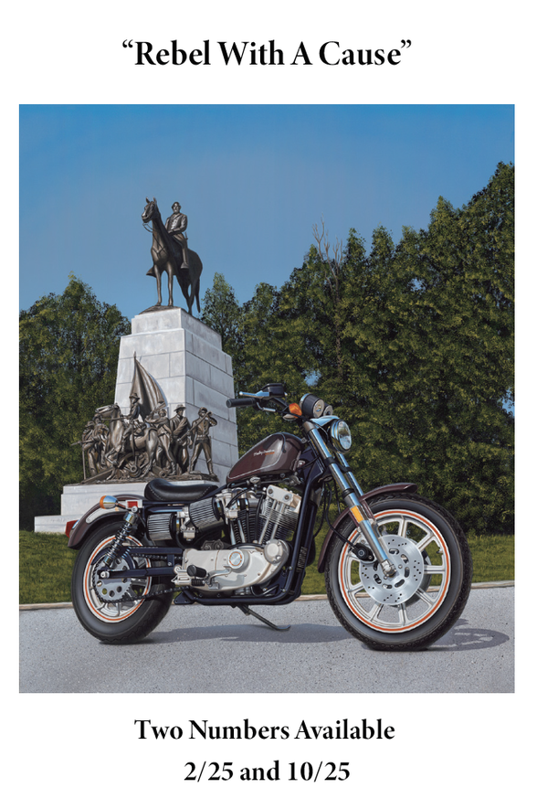 painting of a sportster in front of a monument in PA called "rebel with a cause"