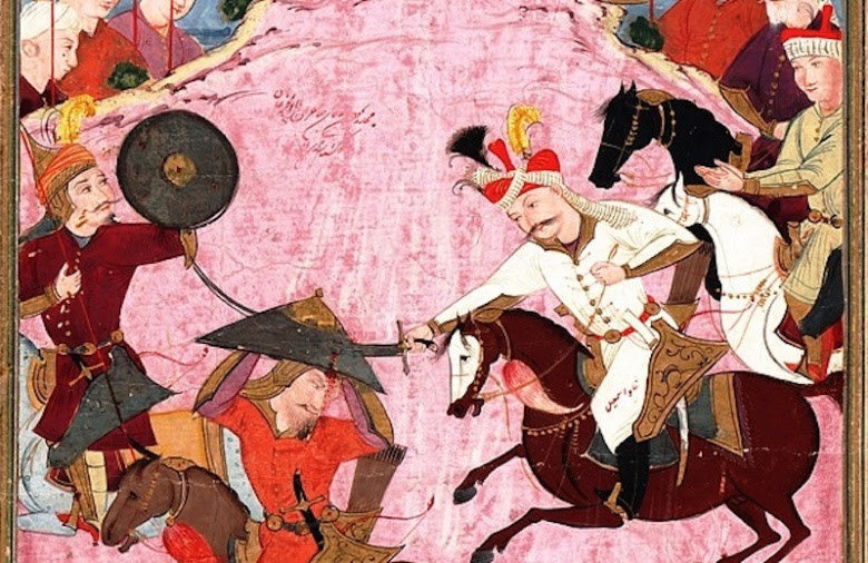 “The Battle between Shah Ismail and Shaybani Khan” from the Tarikh-i alam-aray-i Shah Ismail. Wikimedia Commons/Public domain