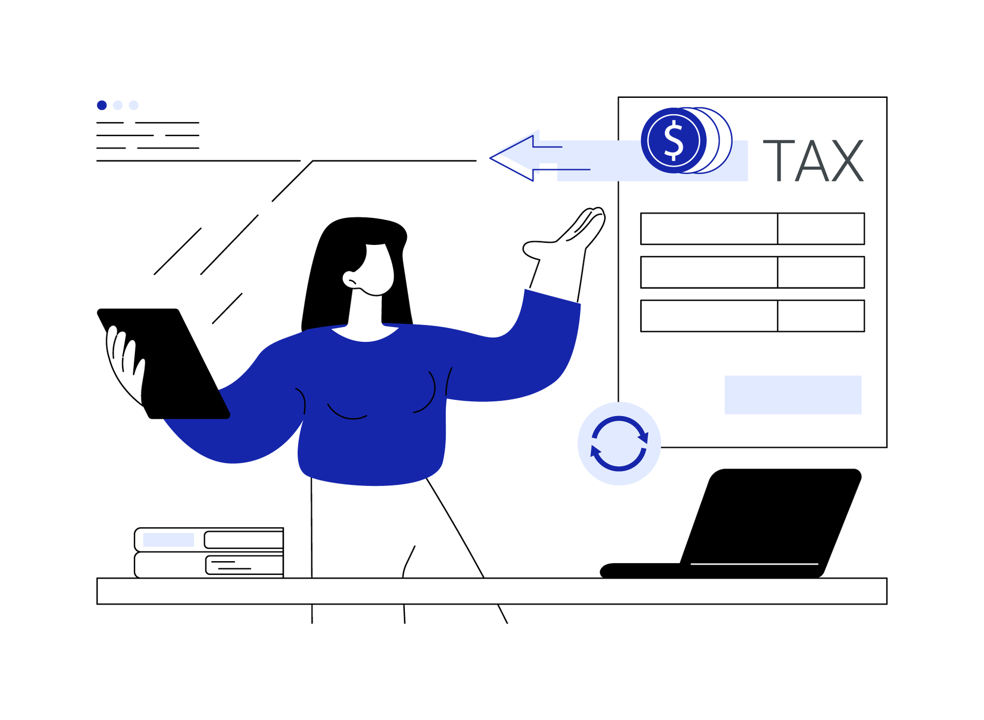 A person standing with the arms out to either side left to right. With the right hand holding a laptop or tablet and the left hand open palm side up. In the background there is graft with the dollar sigh and the word TAX. Image credit Visual Generation/iStock. Clicking begins engagement with content. 