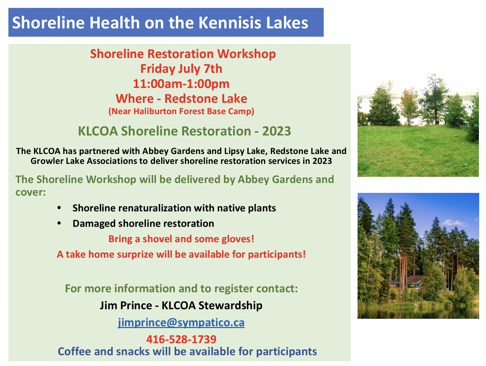 Shoreline Workshop – Friday July 7 – Last Chance to register