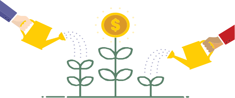 image of two watering cans watering flowers with money symbol to represent mini-grants