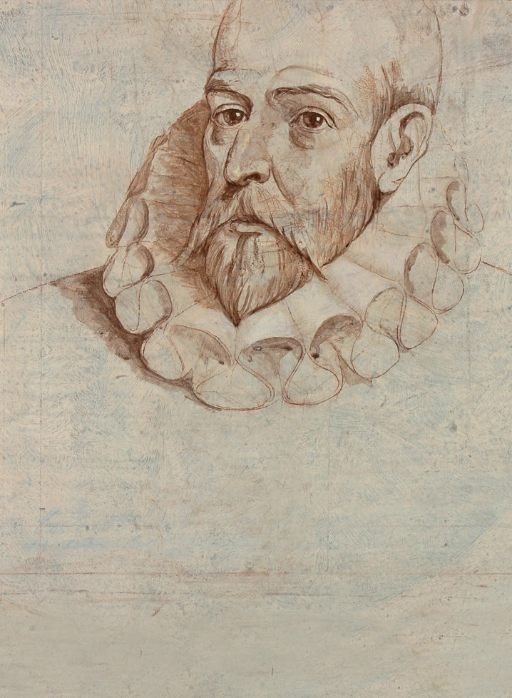 El retrato de Miguel de Cervantes  Hernán Cortés Moreno, 2005  Acrílico sobre tabla, 26 x 32 cm.  Incluido en la edición Autógrafos de Miguel de Cervantes  Taberna Libraria, 2016