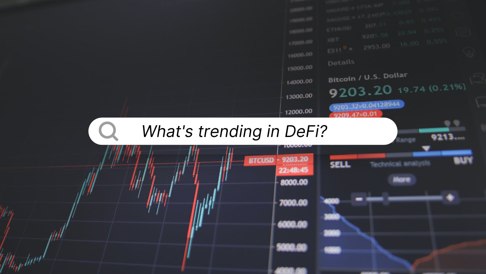 picture of a graph with a search bar asking what's trending in defi