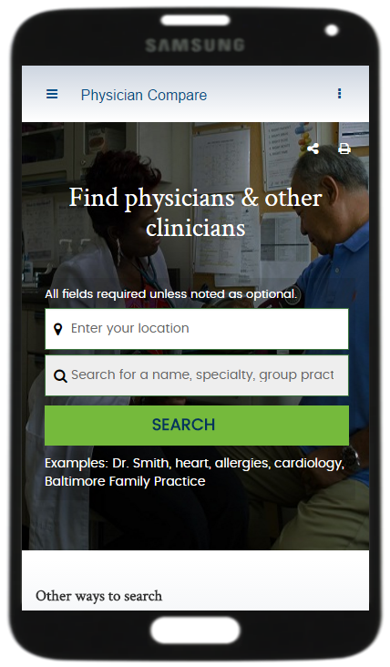 Screenshot of Medicare.gov Physician Compare website home 