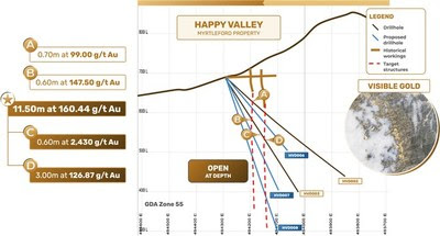 Figure 1  Cross Section through drill holes (228 GDA94) showing previous assay results and proposed holes (CNW Group/E79 Resources Corp.)