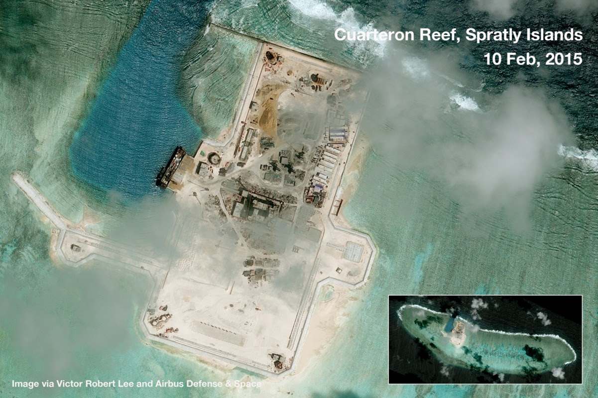 Satellite image analysis South China Sea reclamation in Spratly Islands