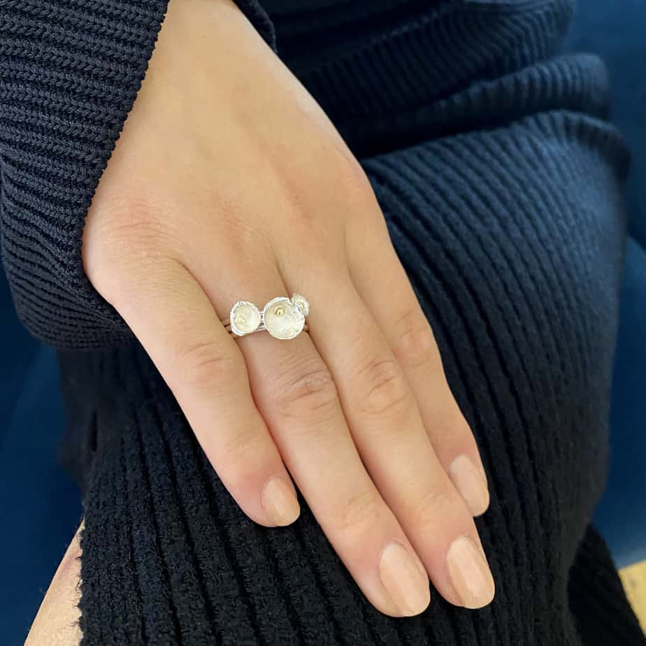 model wears acron cup stacking ring set by shimara carlow at designyard contemporary jewellery dublin ireland