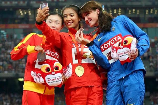 Liu Hong, Lu Xiuzhi and Lyudmyla Olyanovska on the podium for the women's 20km race walk at the IAAF World Championships, Beijing 2015 (Getty Images)