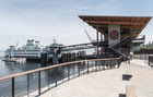 Exterior shot of Mukilteo terminal with a ferry at the dock