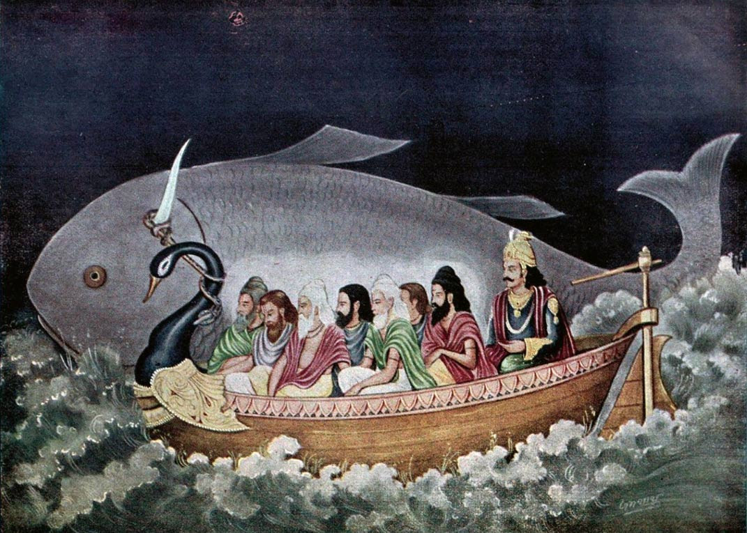Matsya proteger Svayambhuva Manu y los siete sabios en el momento del diluvio