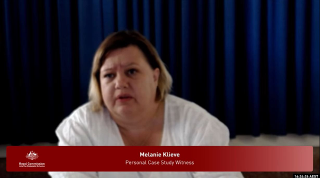 Screenshot of Melanie Klieve speaking via video link at the Royal Commission hearing into Robodebt, an automated debt recovery scheme that wrongly calculated that welfare recipients owed money, in Brisbane, Australia. December 5, 2022
