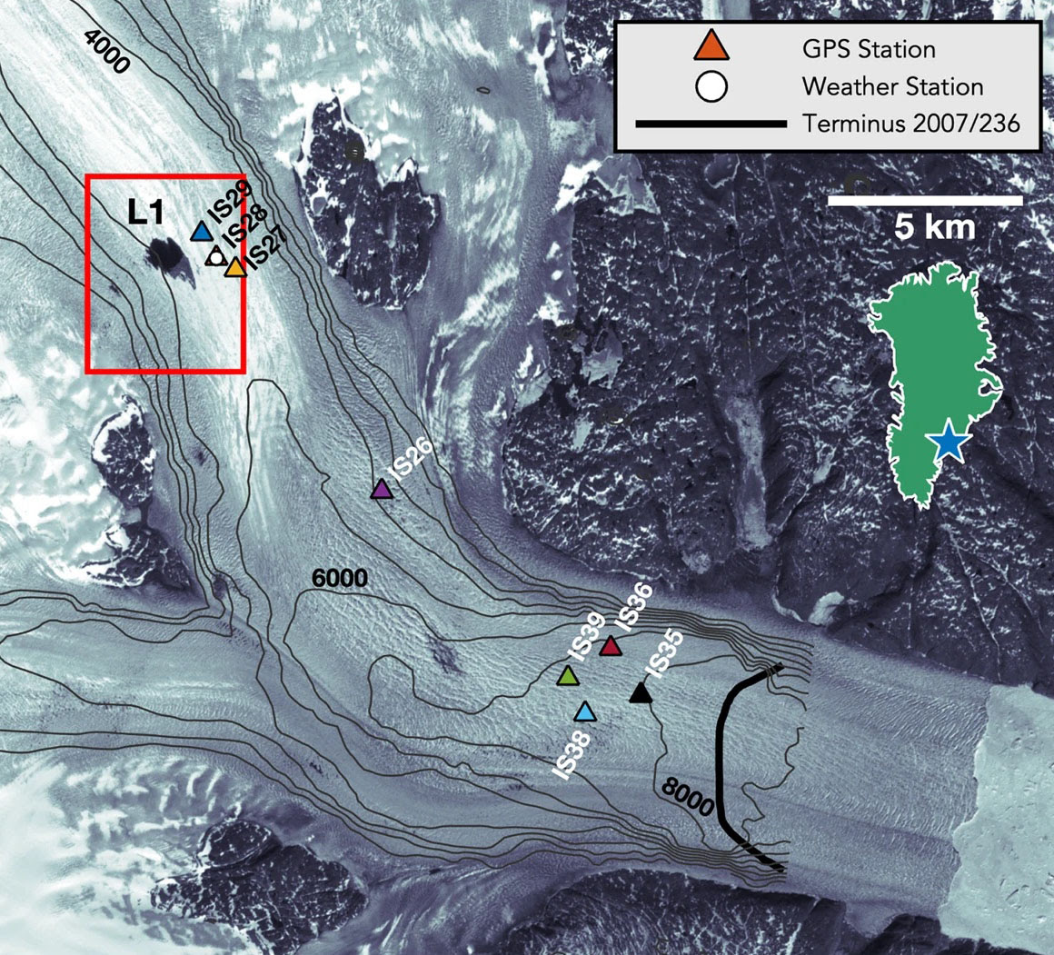 satellite image of glacier and instrument locations