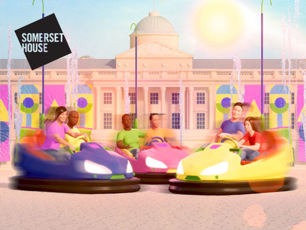 An artist's impression of people enjoying dodgems in the courtyard at Somerset House. There is a sun in pastel blue sky and bright and pastel colours of pink, blue, yellow.