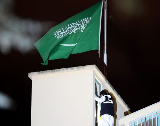 A Turkish police officer at the Saudi consulate in Istanbul, Oct. 15.