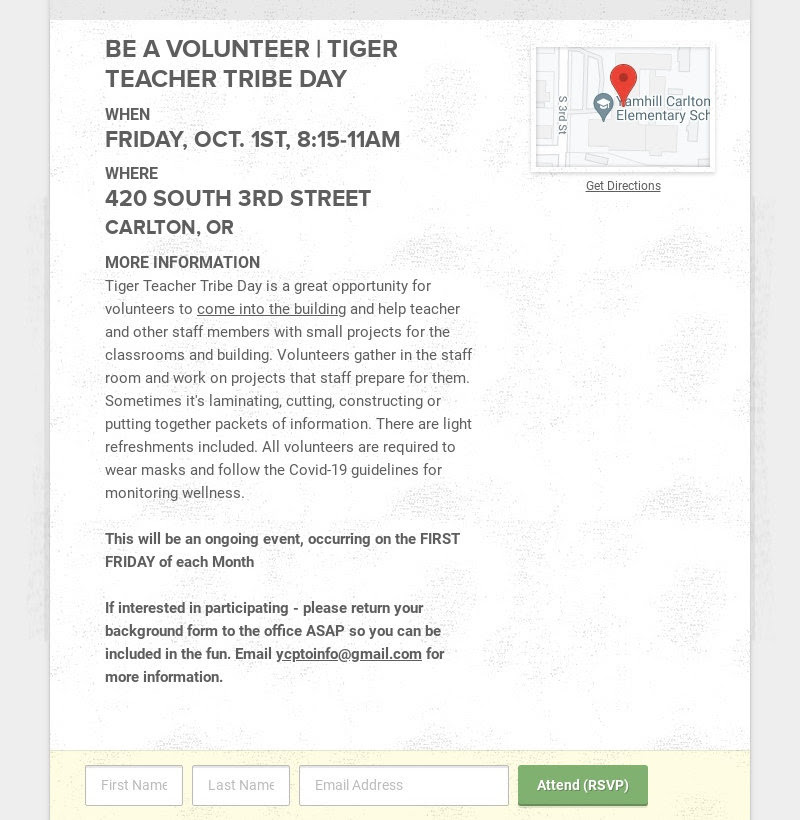 BE A VOLUNTEER | TIGER TEACHER TRIBE DAY
                        WHEN
                        FRIDAY, OCT. 1ST, 8:15-11AM
                        WHERE
                        420 SOUTH 3RD...