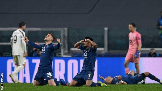 Porto players celebrating after beating Juventus