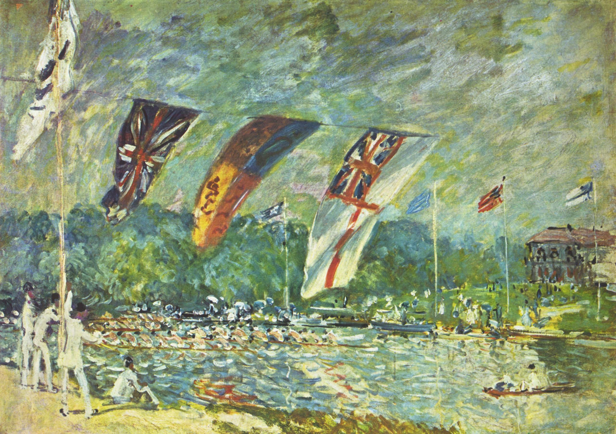 Impressionist painting of a regatta, which is a rowing race, with flags in the foreground. Rowing art by Alfred Sisley