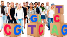 a crowd standing behind stacked boxes with ATGC on them