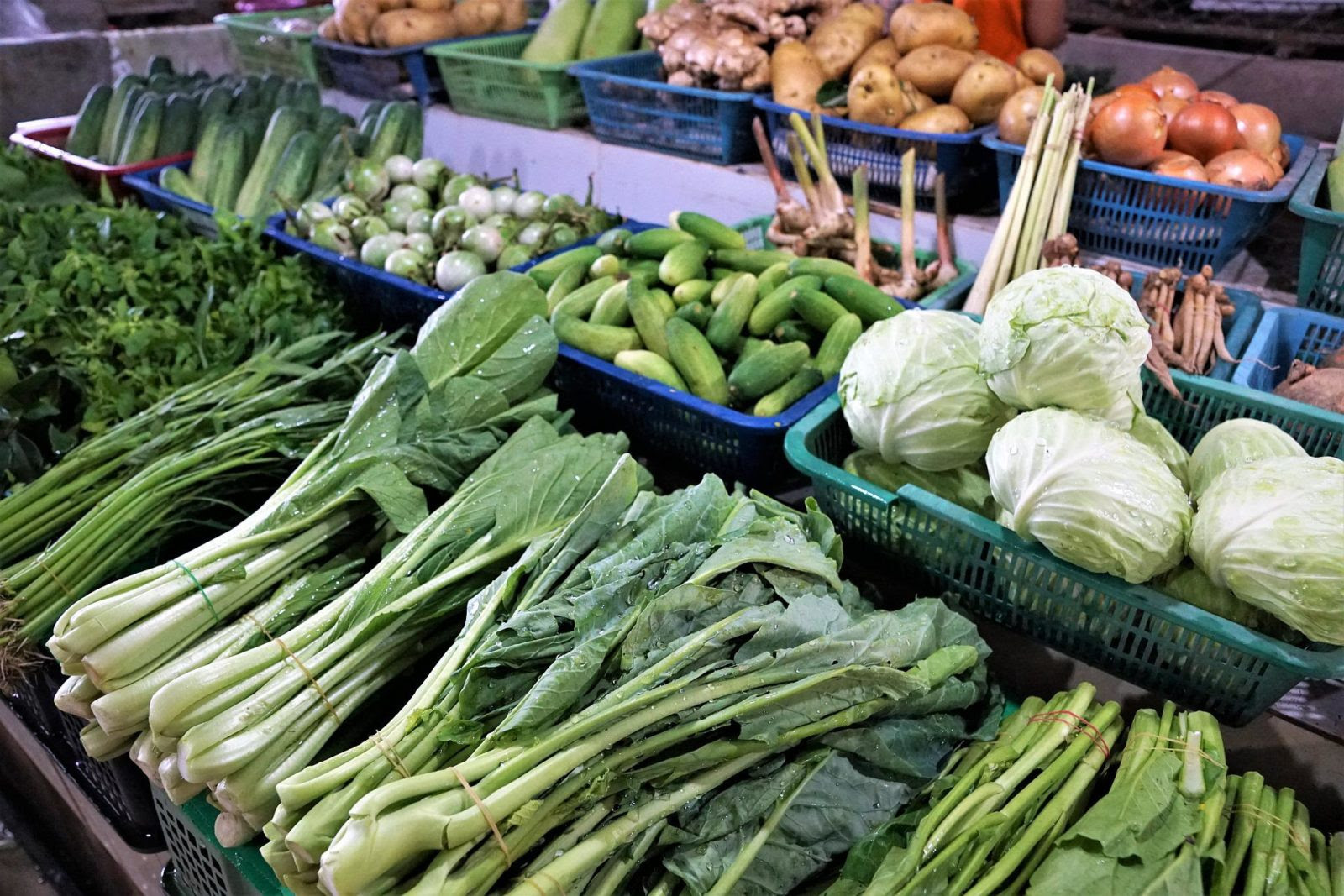 Verduras e legumes são expostos em cesta em barraca de feira, como alface, alho, pepino etc