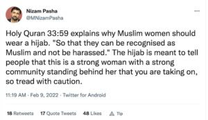 “Quran explains why Muslim women should wear hijab. ‘So they can be recognised as Muslim and not be harassed.'”