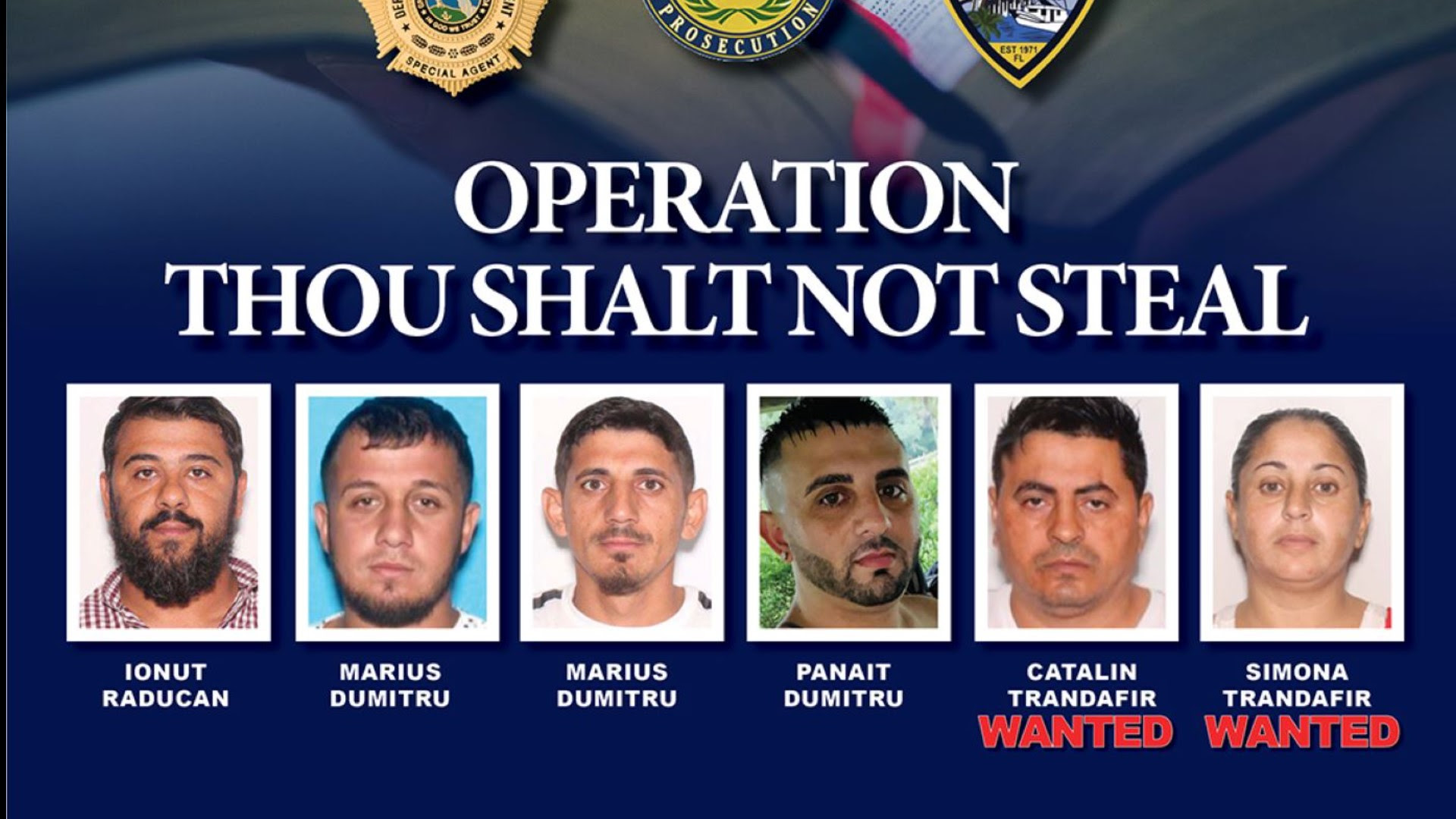  A series of mug shots beneath the words: “Operation thou shalt not steal”
