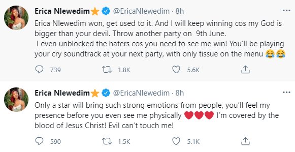 Erica Nlewedim reacts to video of people celebrating when she was evicted from the Big Brother Naija house last year