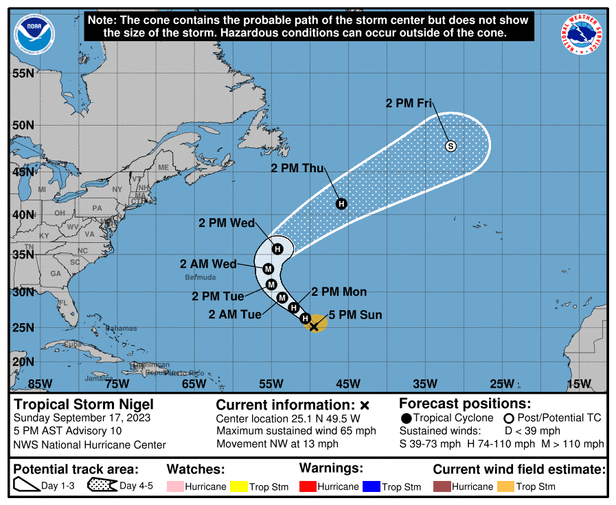 Map of the path of Tropical Storm Nigel in the Atlantic