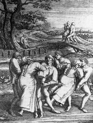 Gravura de Henricus Hondius sobre esboço de Pieter Brueghel, o Velho, que testemunhou um caso de praga de dança em 1564. Na imagem, três mulheres vítimas são socorridas por homens Foto: Wikimedia