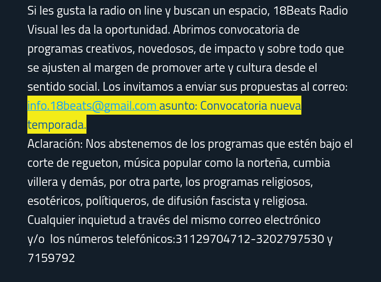 Si les gusta la radio on line y buscan un espacio, 18Beats Radio Visual les da la oportunidad. Abrimos convocatoria de programas creativos, novedosos, de impacto y sobre todo que se ajusten al margen de promover arte y cultura desde el sentido social. Los invitamos a enviar sus propuestas al correo: info.18beats@gmail.com asunto: Convocatoria nueva temporada.Aclaración: Nos abstenemos de los programas que estén bajo el corte de regueton, música popular como la norteña, cumbia villera y demás, por otra parte, los programas religiosos, esotéricos, polítiqueros, de difusión fascista y religiosa. Cualquier inquietud a través del mismo correo electrónico y/o  los números telefónicos:31129704712-3202797530 y 7159792