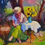 "Maid in the Shade", 6x6, oil on board, framed-$400, Randy Higbee 6x6 inch squared show, women, wome - Posted on Friday, November 14, 2014 by Maryanne Jacobsen