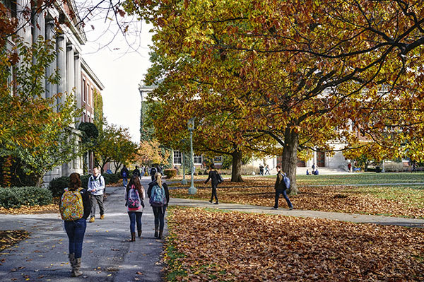 Students walking on the quad during autumn