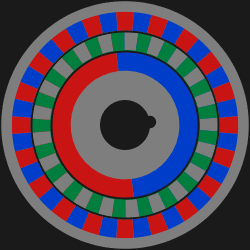 Concentric, magnetic gear with magnetic rings (north: red / blue: south) and steel pieces in the modulator ring tray (green)
