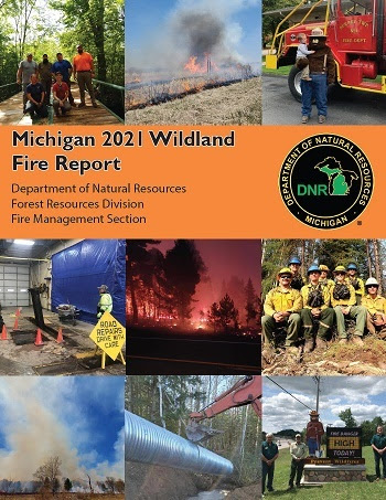 color cover of the 2021 DNR wildland fire report, with nine small pictures of fire crews, smoky landscapes, Smokey Bear and more