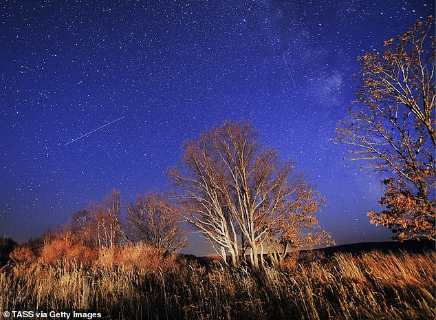 Astronomers note that the meteors can move 148,000 miles per hour into the atmosphere, but leave gas trails in the sky that last for a few seconds. Pictured is the event in Russia from 2016