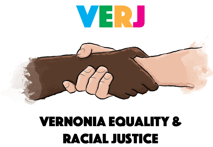 An illustration of two people of different races shaking hands. It says 