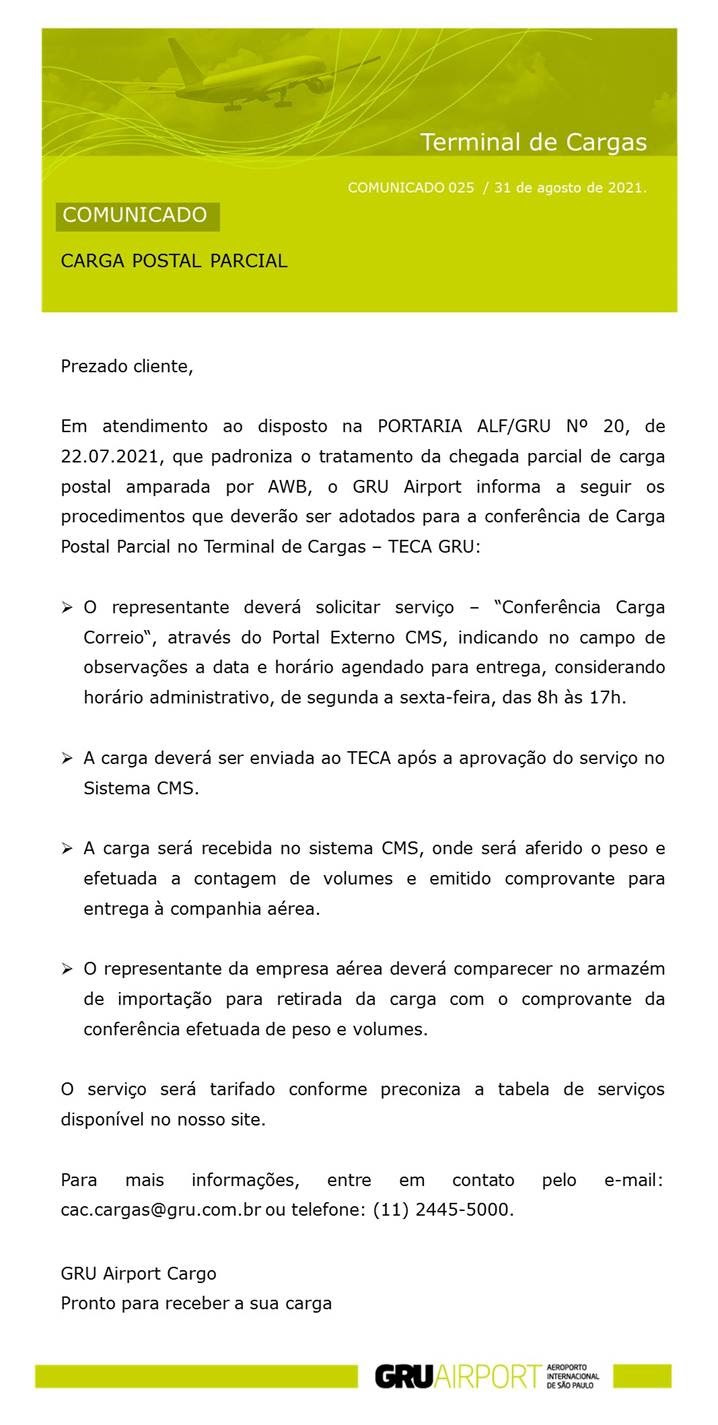 comunicado gru ariport - carga postal